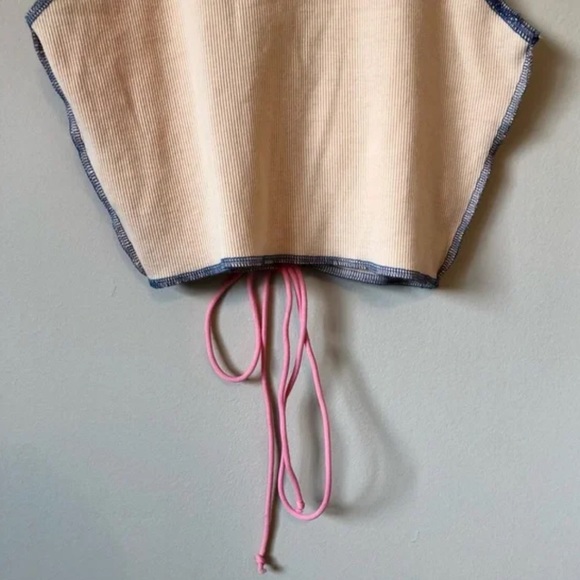 Shein Lace Tie Up Patchwork Cleavage Cropped Sleeveless Crop Tank Top Cream - Picture 8 of 11